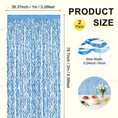 2Pcs Shiny Wave Tinsel Foil Fringe Curtain 3.3×6.6 ft for Anniversary Light Blue
