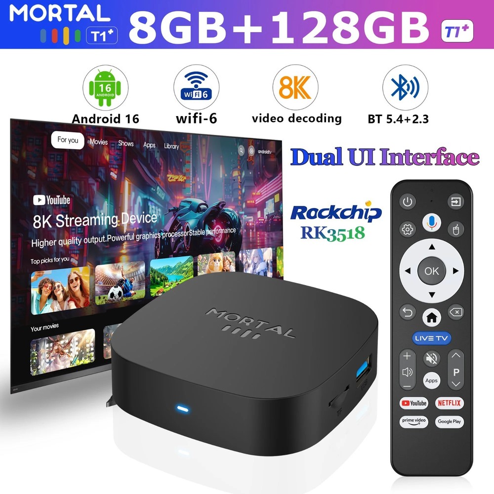 2025 New Android TV Box T1+ Rockchip RK3518 Android 16 8GB RAM 128GB ROM WiFi US