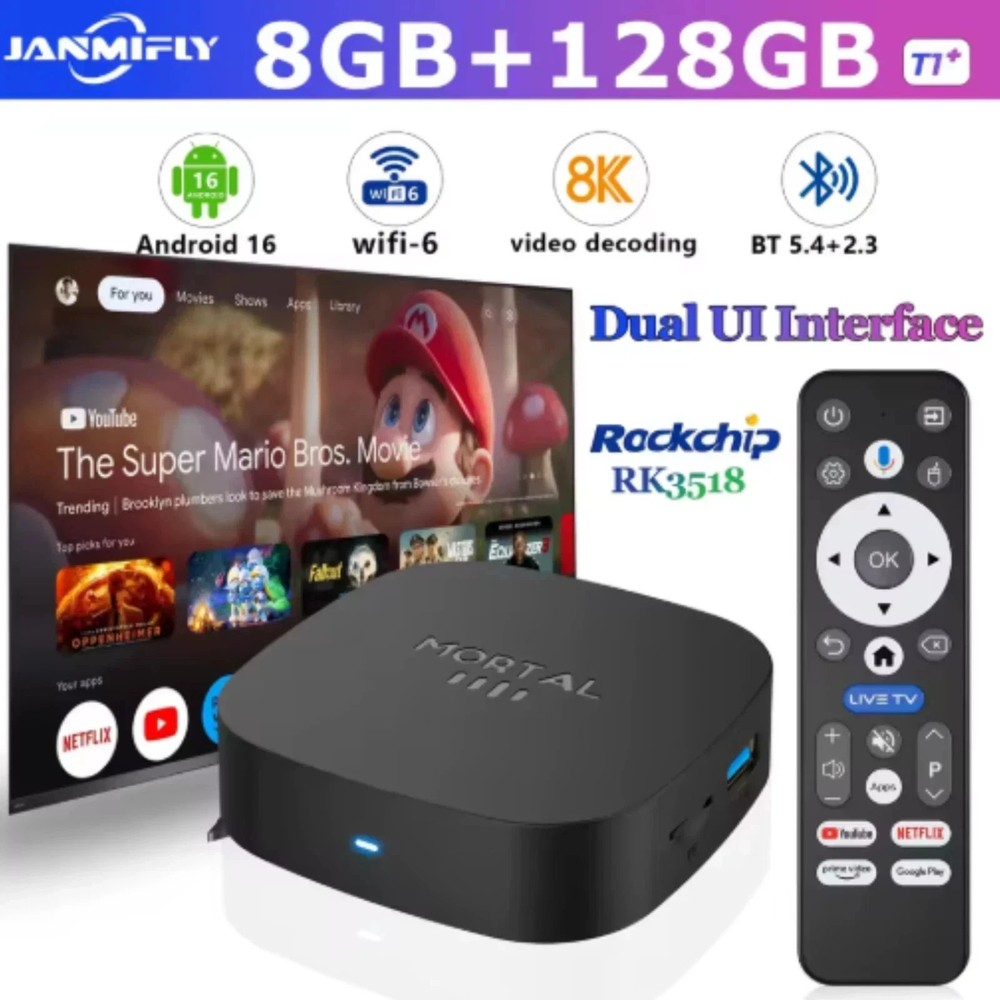 2026 New Android TV Box T1+ Rockchip RK3518 Android 16 8GB RAM 128GB ROM WiFi US
