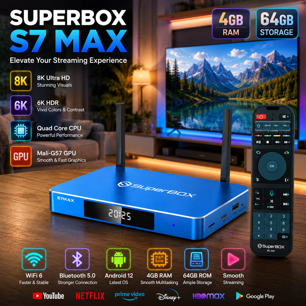 SuperBox S7 Max Smart TV Box 4K UHD Media Player Dual Band WiFi Bluetooth