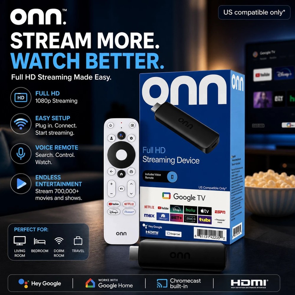 onn Full HD Streaming Device, Google TV – Fast Streaming, 8GB Storage (2026)