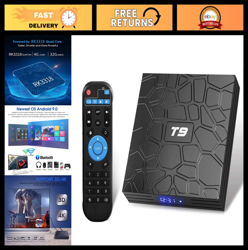 4K Android TV Box, Quad-Core RK3318, 4GB RAM, 32GB Storage, Dual WiFi, BT4.0, 3D