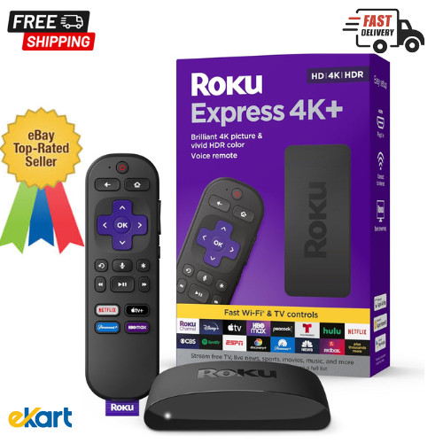 Roku Express 4K+ | Roku Streaming Device 4K/HDR, Roku Voice Remote, Free & Live