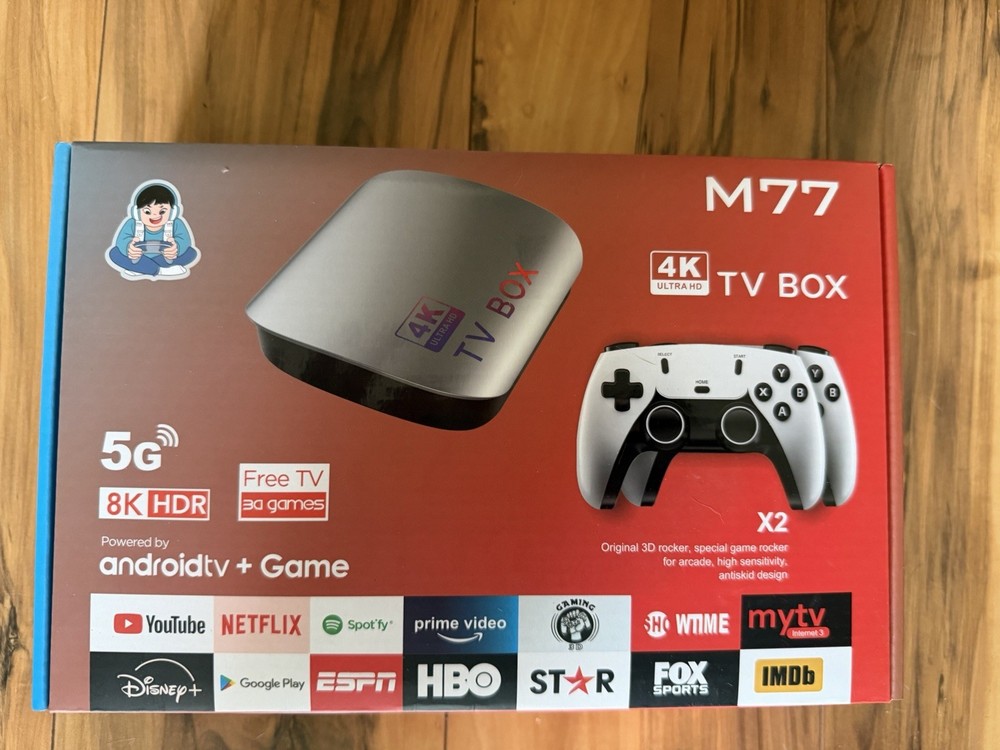 M77 Android TV Game Box 4K 8K HDR 5G w/ 2 Wireless Controllers New