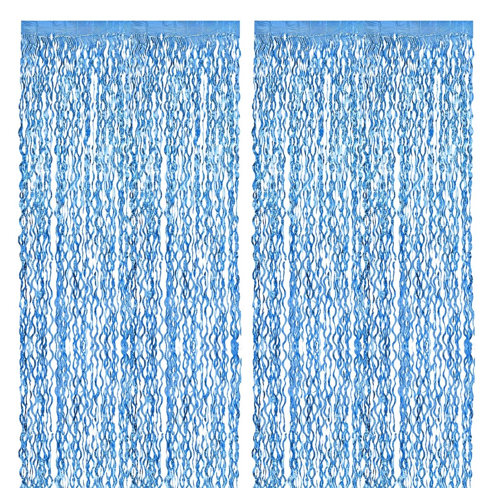 2Pcs Shiny Wave Tinsel Foil Fringe Curtain 3.3×6.6 ft for Anniversary Light Blue