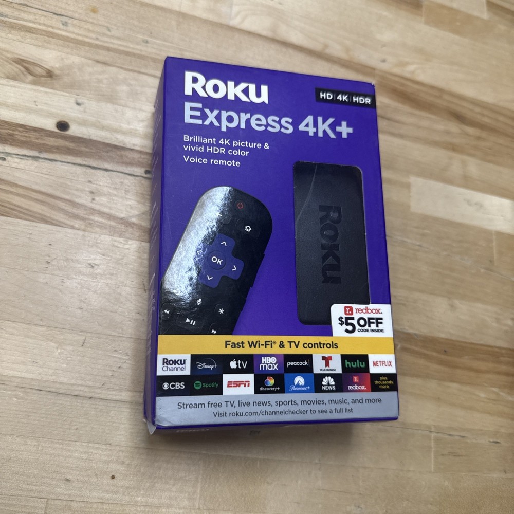 Roku Express 4K+ streaming device,high definition, 4K, and HDR quality.