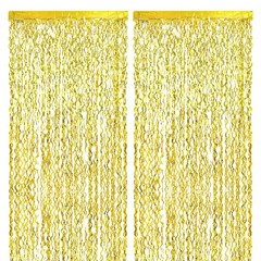 2Pcs Shiny Wave Tinsel Foil Fringe Curtain 3.3×6.6 ft for Anniversary Yellow