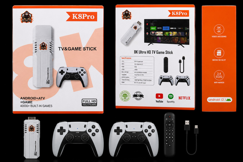 K8Pro 8K Ultra HD TV & Game Stick Android 12.1 2GB/16GB 40000+ Games