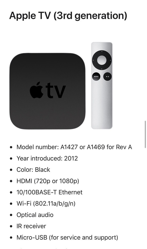 Apple TV (3rd Generation) HD Media Streamer w/ Remote A1469 TESTED