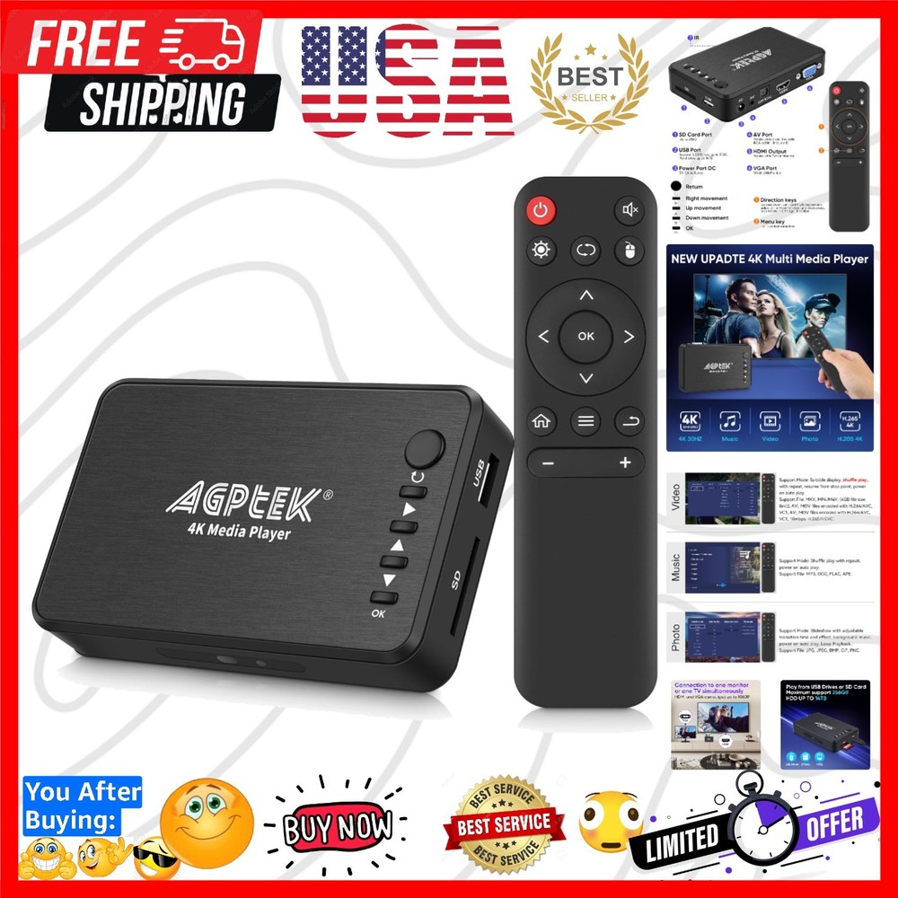 Updated 4K@30hz HDMI TV Media Player with HDMI/AV/VGA Output, Digital MP4 Pla…