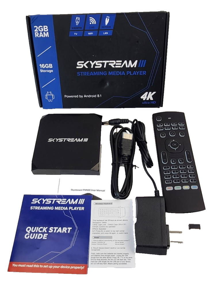 SkyStream 3 TV Streaming Media Player 4K 2GB RAM 16GB Storage Complete W/Remote