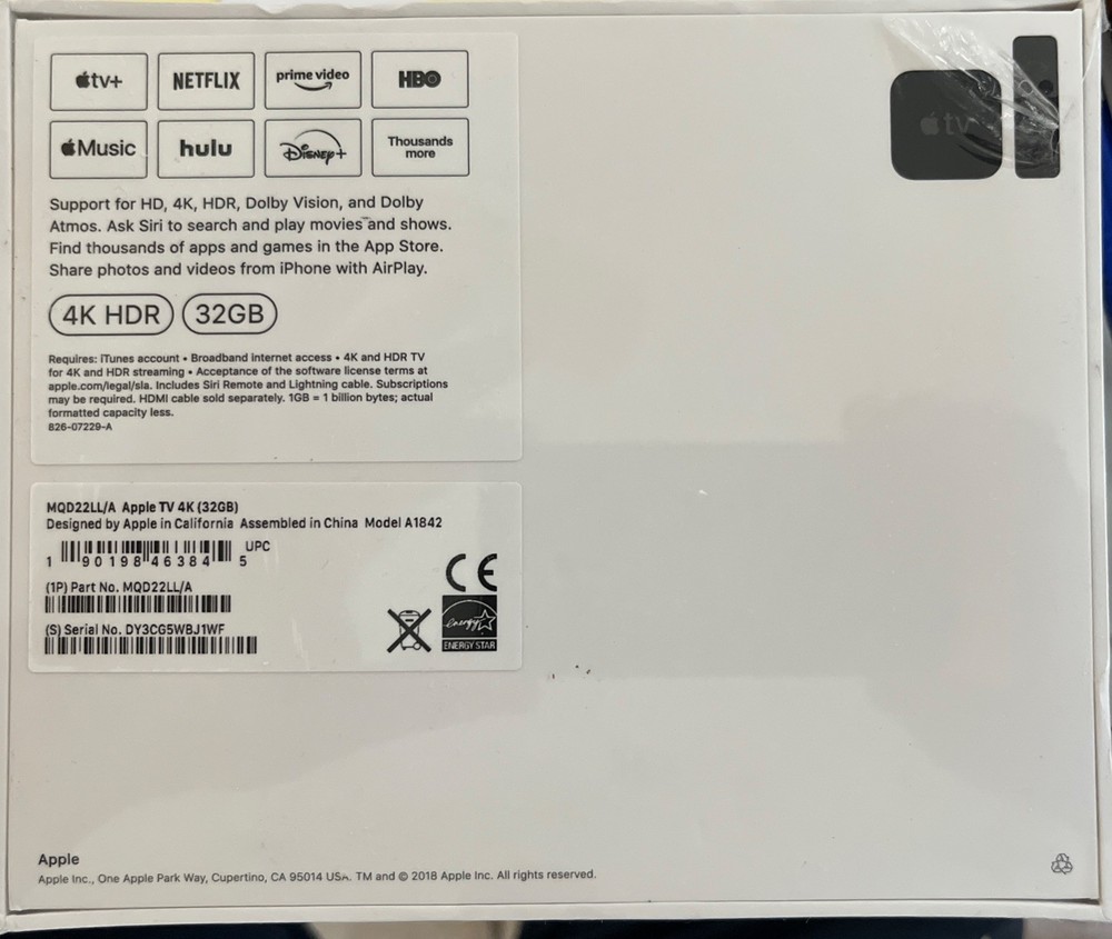 Apple TV 32GB 4K HD Media Streamer – Black (MQD22LL/A) Sealed
