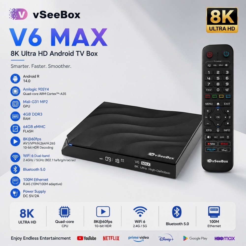 NEW VSee Box V6 Max 6K Android TV Streaming Box WiFi 6 Bluetooth Factory Sealed