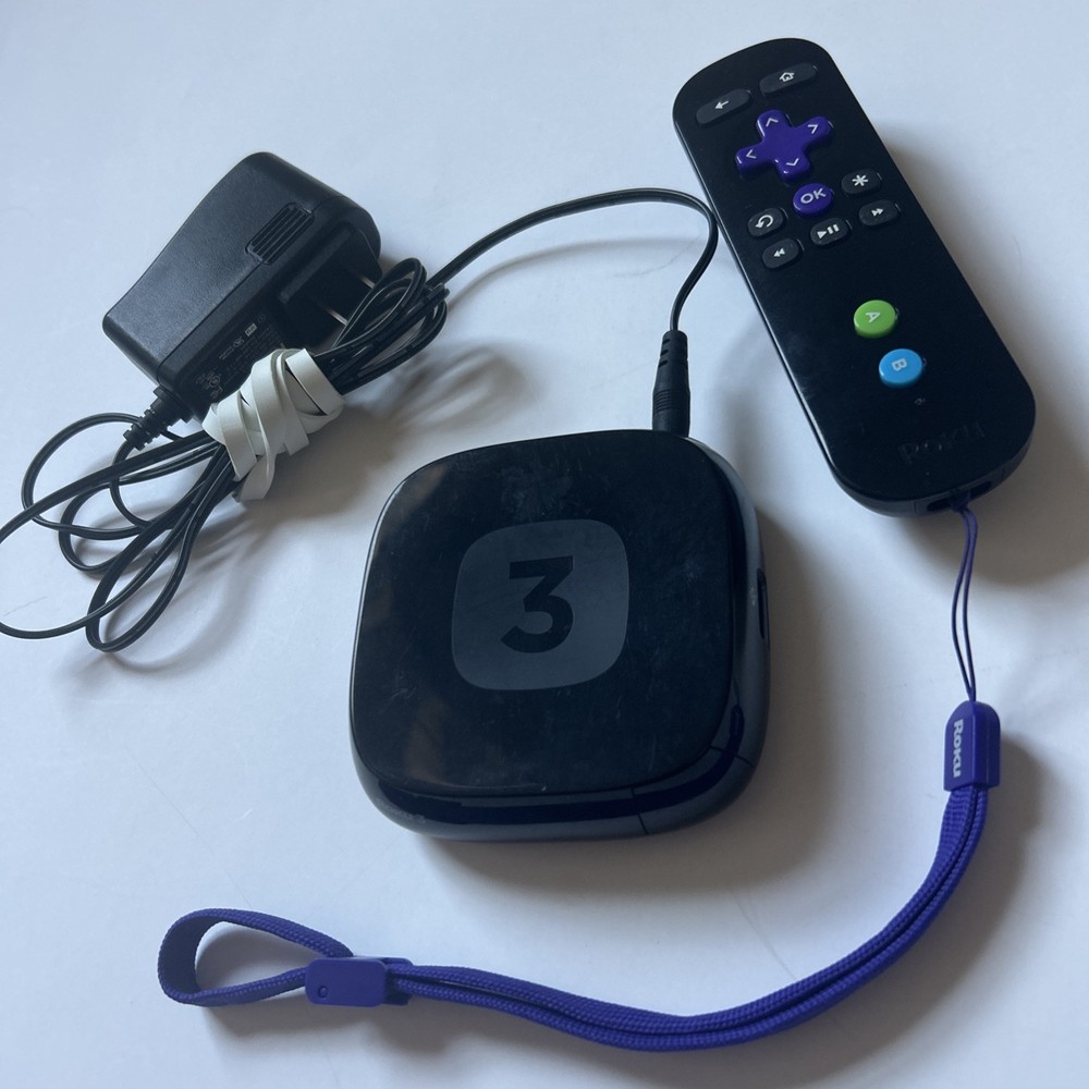 ROKU 3 MODEL 4200X-Remote-power cord-black-streaming-television-TV-system-tested