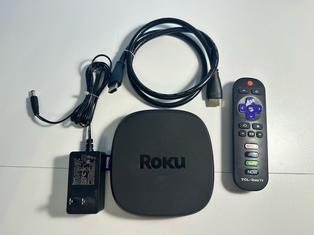 Roku Ultra 4K Streaming Media Player (Model 4800X) with remote, power, and HDMI