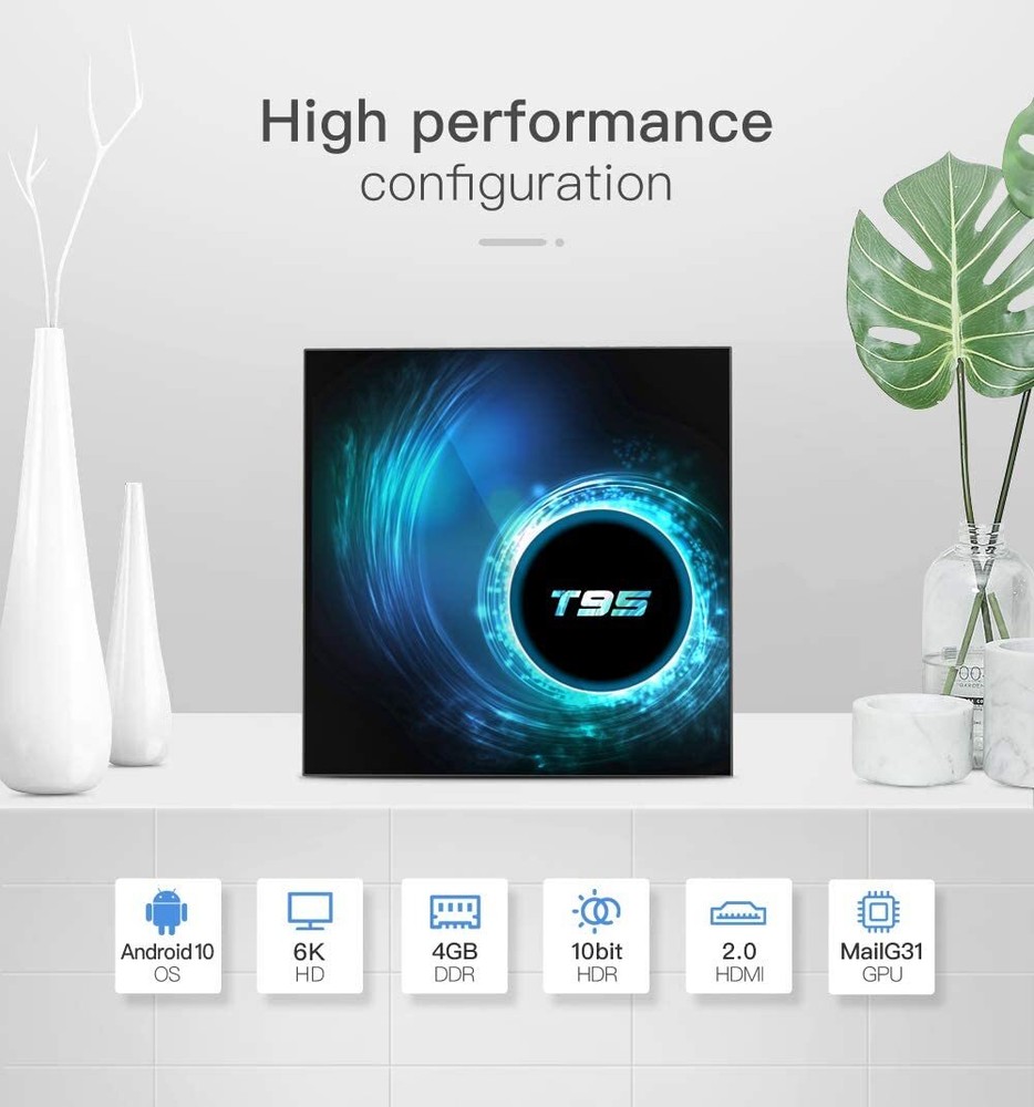 Android Box 10.0 TV Box with 4GB RAM 64GB ROM T95 WiFi 2.4GHz LAN 100M H.265/ BT