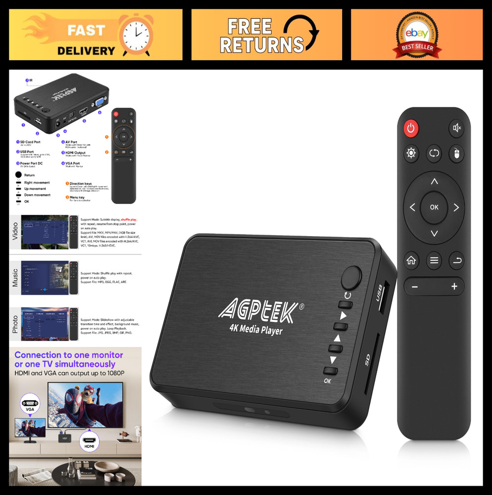4K HDMI Media Player, Supports 14TB HDD/256GB USB/SD Card, Remote Control, MP4 A