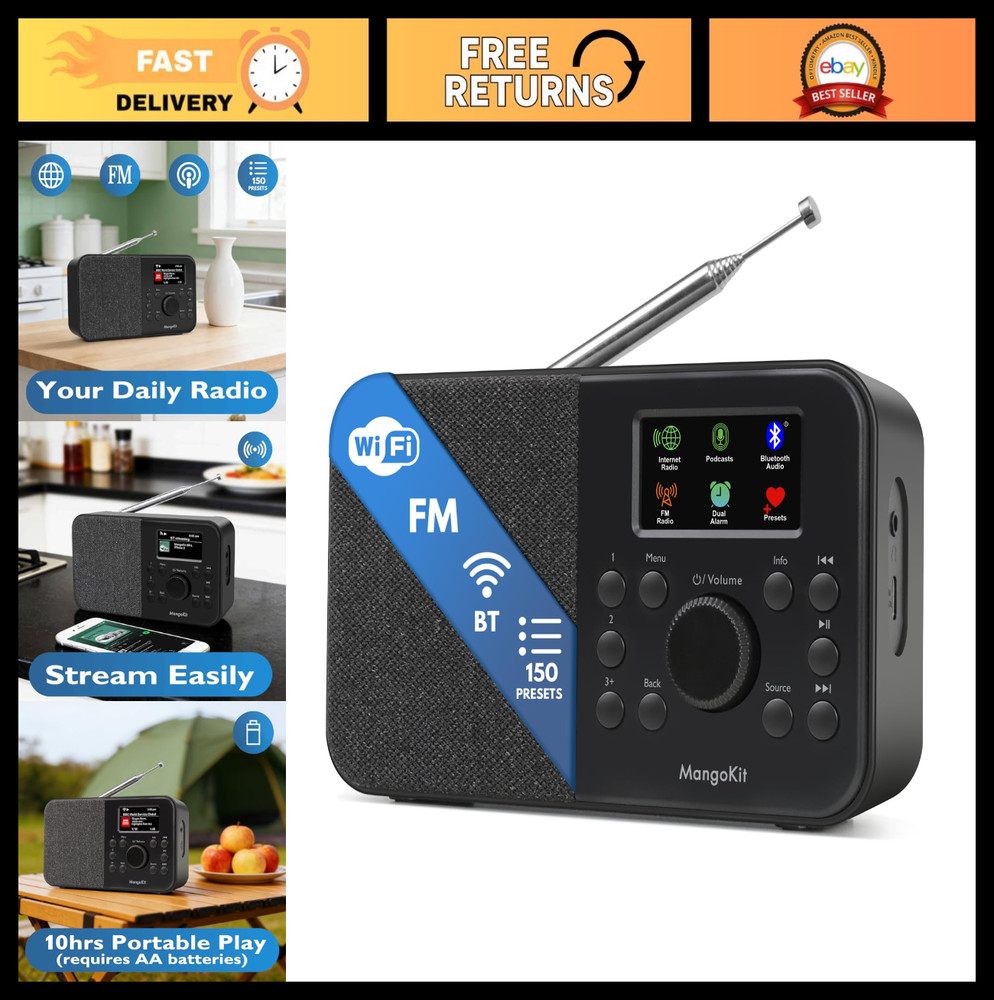 WiFi Internet Radio & Podcast Player, Bluetooth Speaker, 150 Presets, Portable F