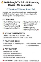 Onn Google TV Full HD Streaming Device, – Fast Streaming, 8GB Storage, 1.5GB