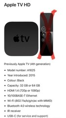 Apple TV HD 4th Generation A1625 Black HDMI Wifi 1080p Media Streaming Box 64GB