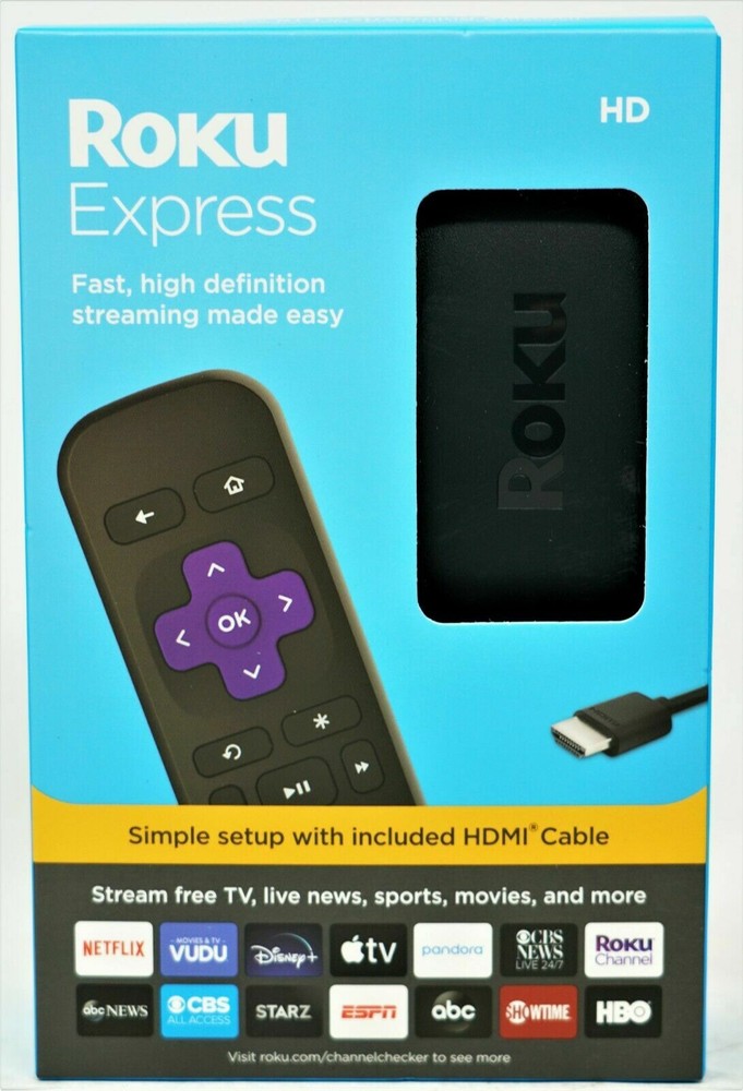 Roku Express HD 3930RW Streaming Media TV Live News Sports Music Streamer New
