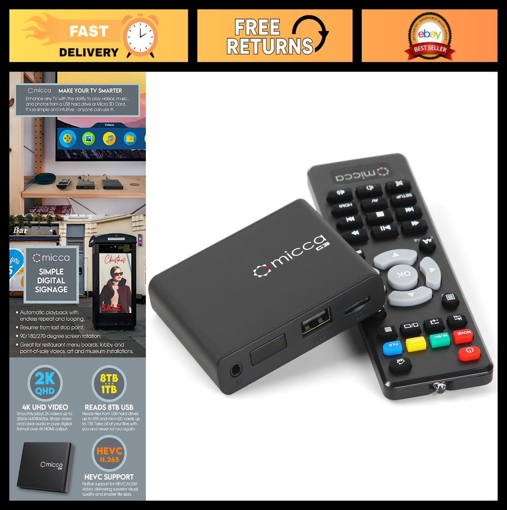 2K Quad-HD Digital Media Player for USB & MicroSD – H.265/HEVC, 4K HDMI, Auto Pl