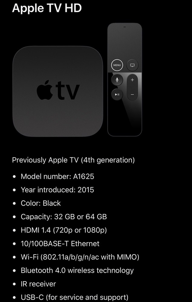 Apple TV HD Media Streamer (4th Gen.) 32GB – Black A1625 / MR912LL/A –
