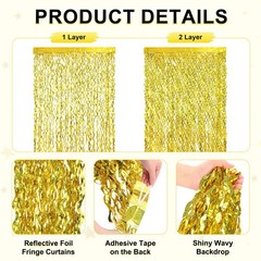 4Pcs Shiny Wave Tinsel Foil Fringe Curtain 3.3×6.6 ft for Anniversary Yellow