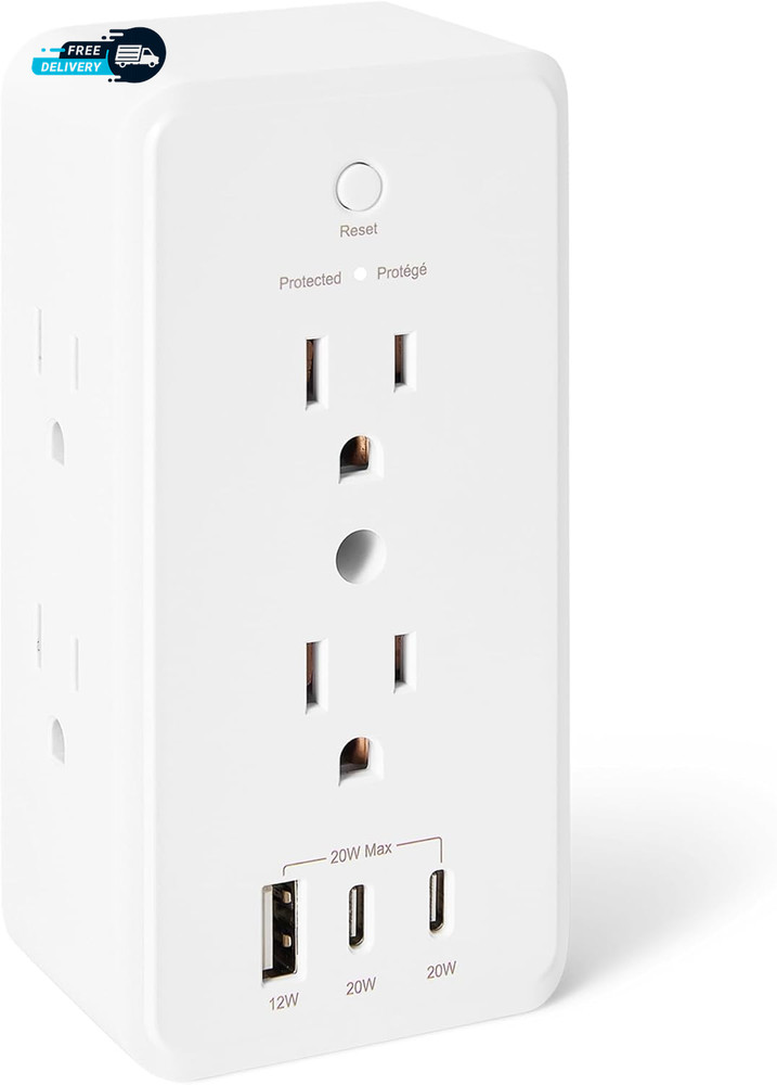 Wall Mount Surge Protector Power Strip with 1080 Joules 6 AC Outlets