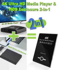 4K Ultra HD Media Player 2-In-1 HDD Enclosure for USB Drives and Microsd Cards-