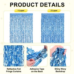 4Pcs Shiny Wave Tinsel Foil Fringe Curtain 3.3×6.6 ft for Anniversary Light Blue