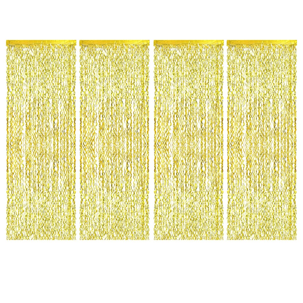 4Pcs Shiny Wave Tinsel Foil Fringe Curtain 3.3×6.6 ft for Anniversary Yellow