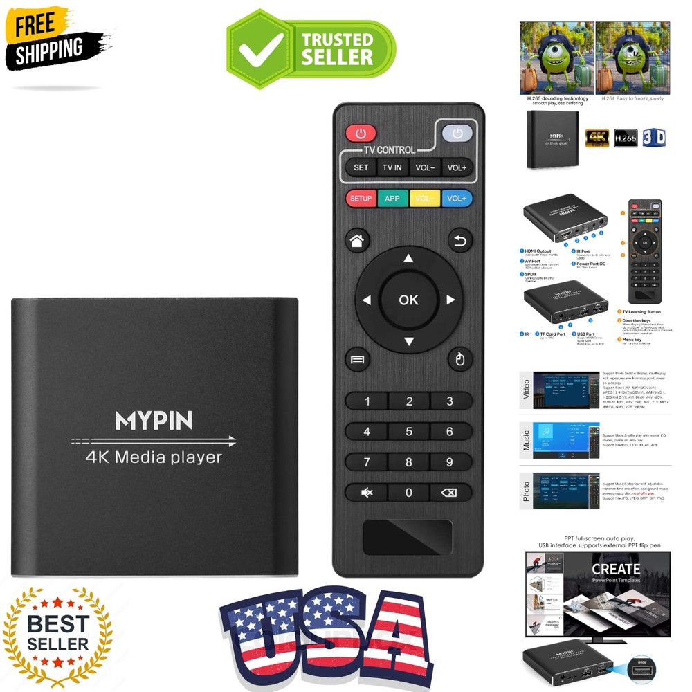 4K Media Player with Remote Control, Digital MP4 Player for 8TB HDD/USB Drive…