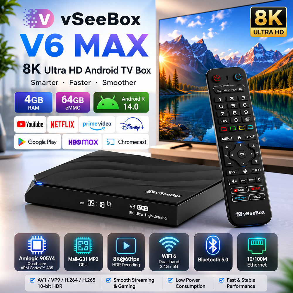 New vSeeBox V6 Max 8K Streaming Android TV Box Voice Control WiFi6